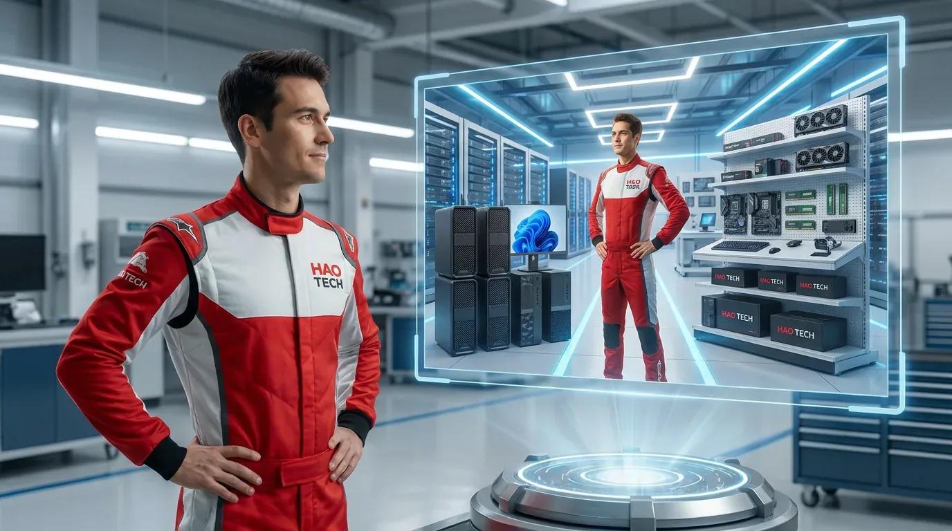 Representante de HAO TECH con overol rojo frente a una vitrina holográfica de equipos