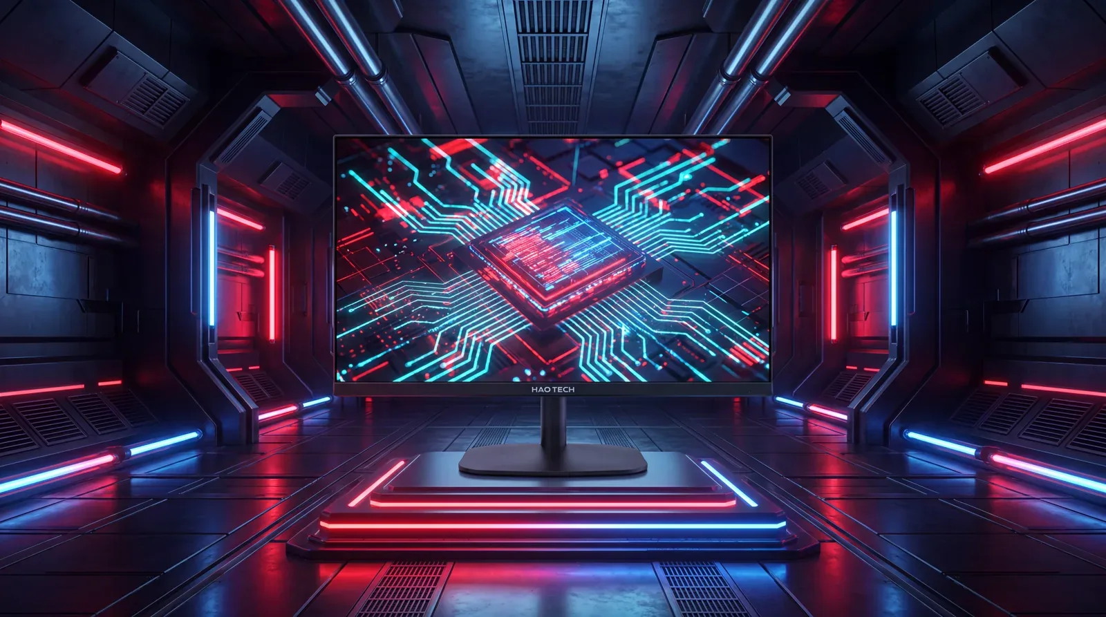 Monitor HAO TECH con circuitos en pantalla en una sala de luces rojas y azules