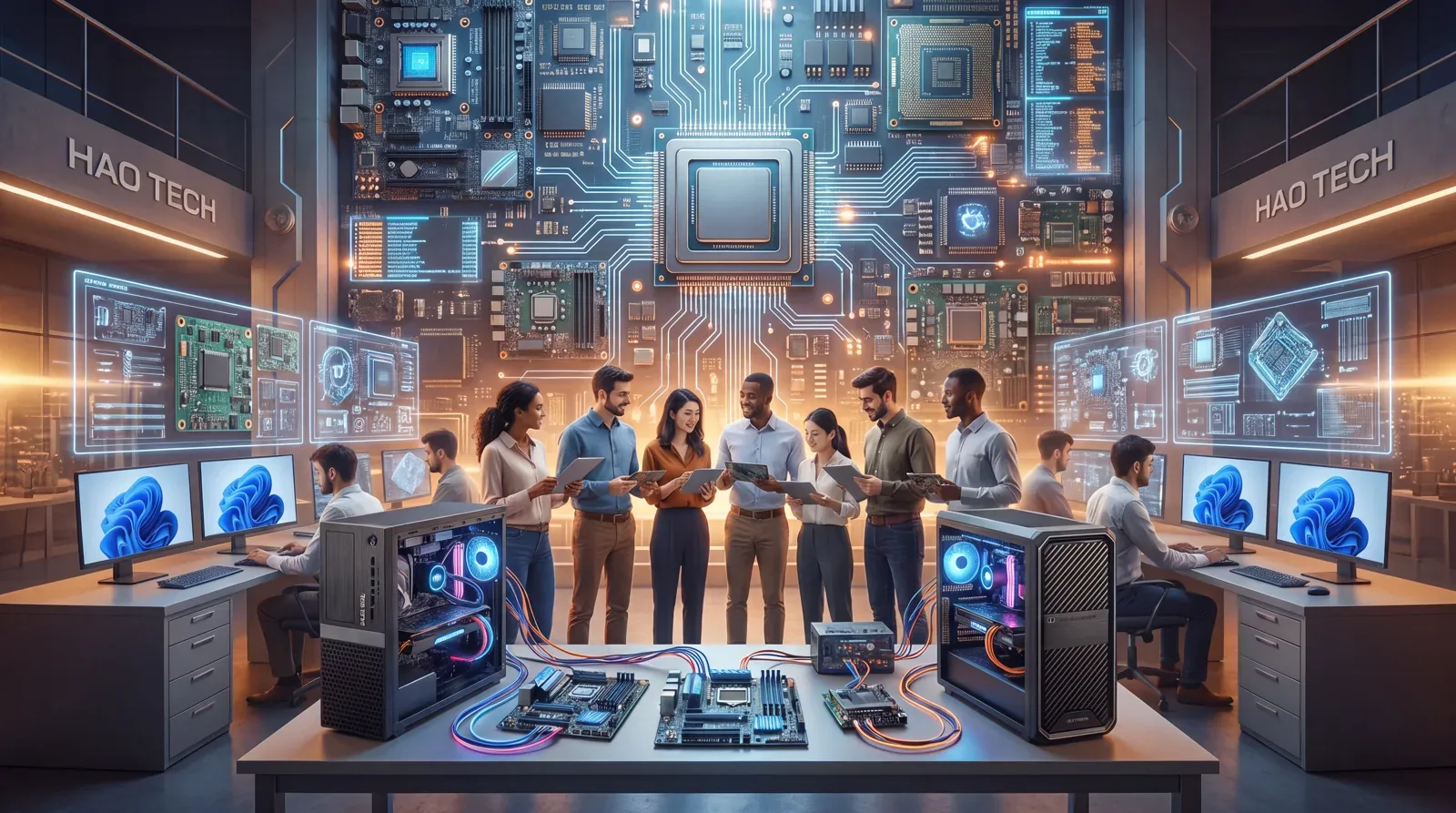 Equipo de personas de HAO TECH trabajando alrededor de un procesador gigante
