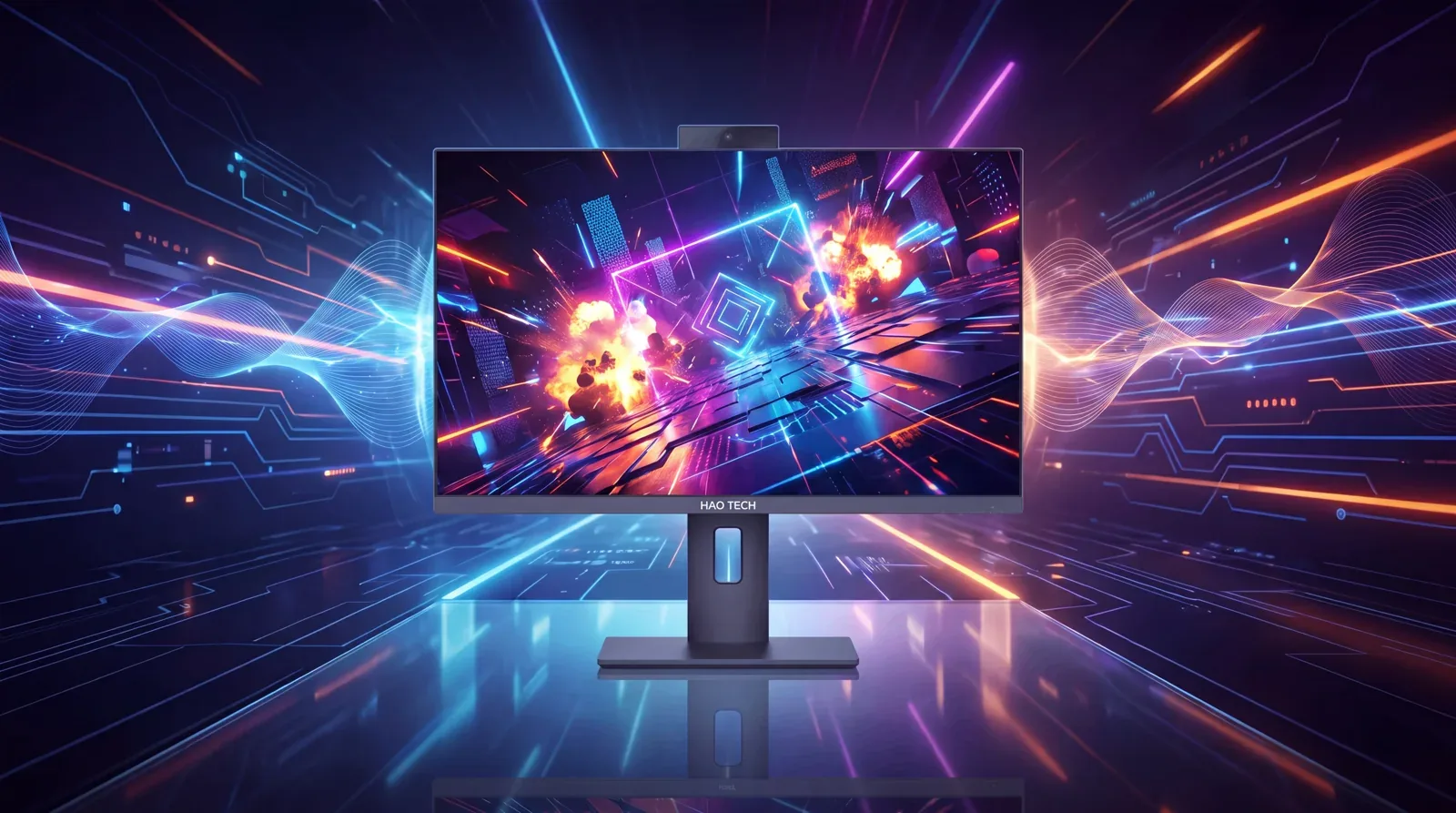 Equipo todo en uno HAO TECH con pantalla luminosa y líneas de luz