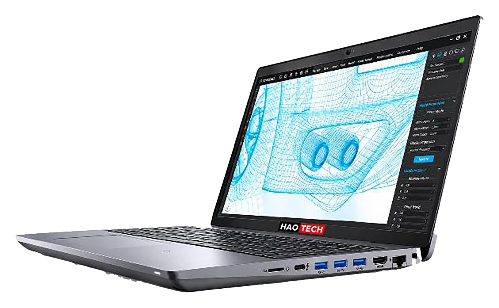 Laptop HAO TECH abierta, con los puertos del lateral a la vista