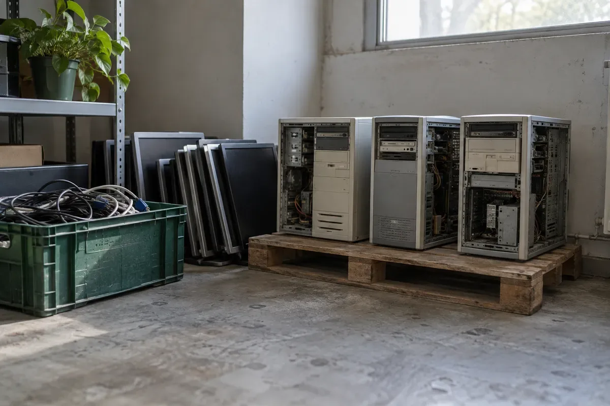 Torres de computadora retiradas, con la tapa abierta, sobre una paleta junto a monitores apilados y una planta, listas para un manejo responsable