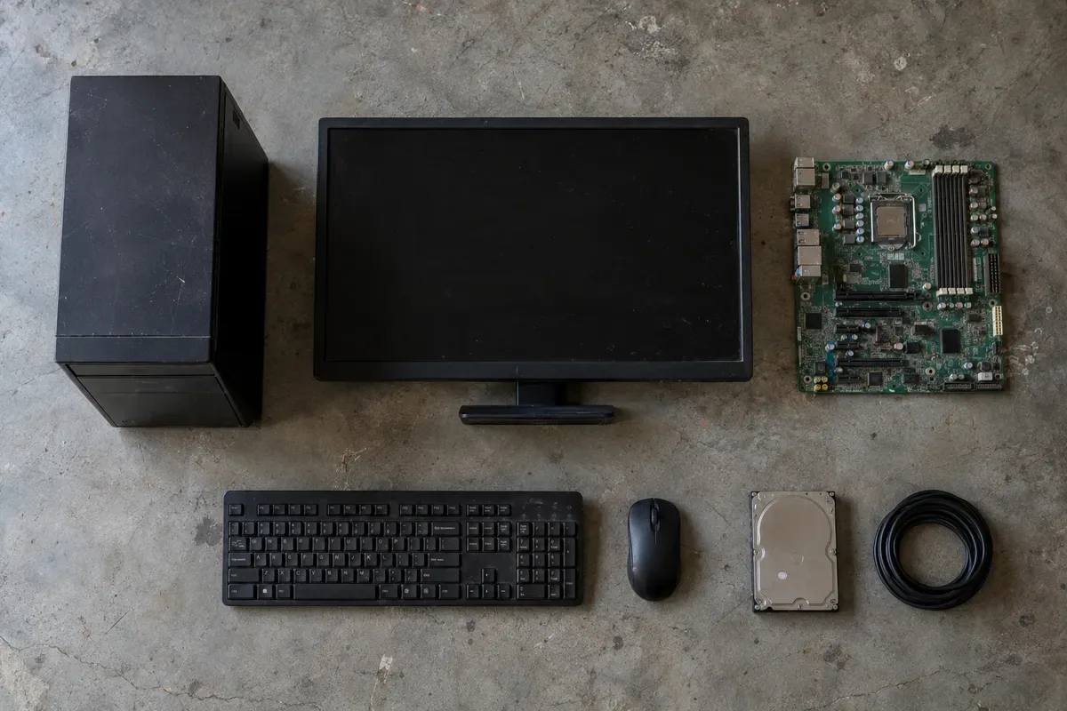 Monitor, torre, teclado, mouse, placa madre, disco duro y cables sobre una mesa de taller: equipos de la categoría 3
