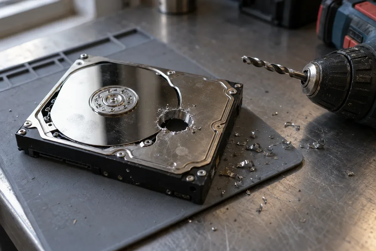 Un disco duro con una perforación que atraviesa el plato, junto a un taladro, sobre un banco de trabajo: la información se destruye antes de que salga el equipo