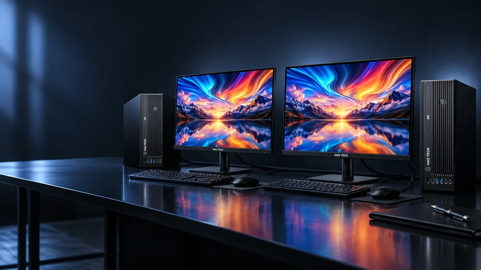 Puesto de trabajo vacío con dos monitores y dos torres HAO TECH sobre un escritorio oscuro, listo para usar